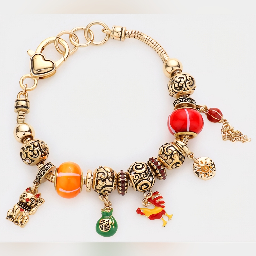 Cat Lucky Bag Rooster Sun Chain Charm Multi Gold Tone Bead Bracelet